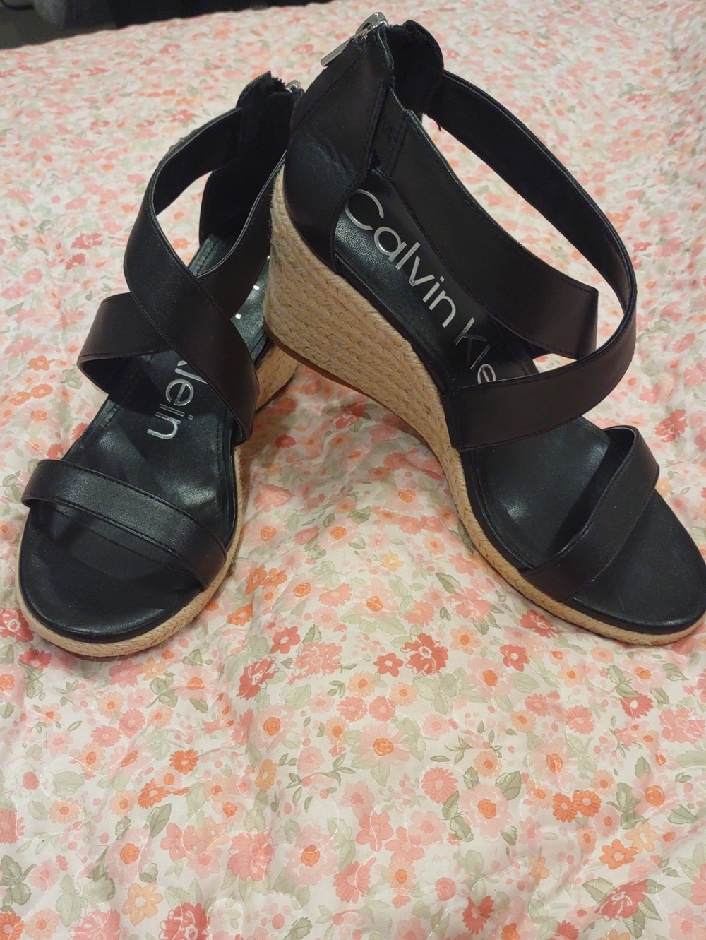 Calvin Klein Black Crisscross Wedge Sandals with Espadrille Heel